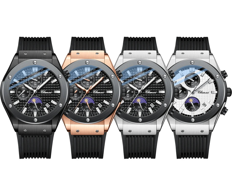 CHENXI Original Watch Quartz Waterproof Sports Watches Men Silicone Strap Chronograph Calendar Multi Functional Wristwatches