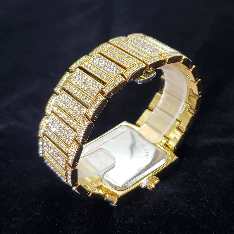 Luxury Brand Mens Silver Stainless Steel Quartz Watch Hip Hop Full Diamond Rectangle AAA Quality Fashion Wristwatch for Men 2025