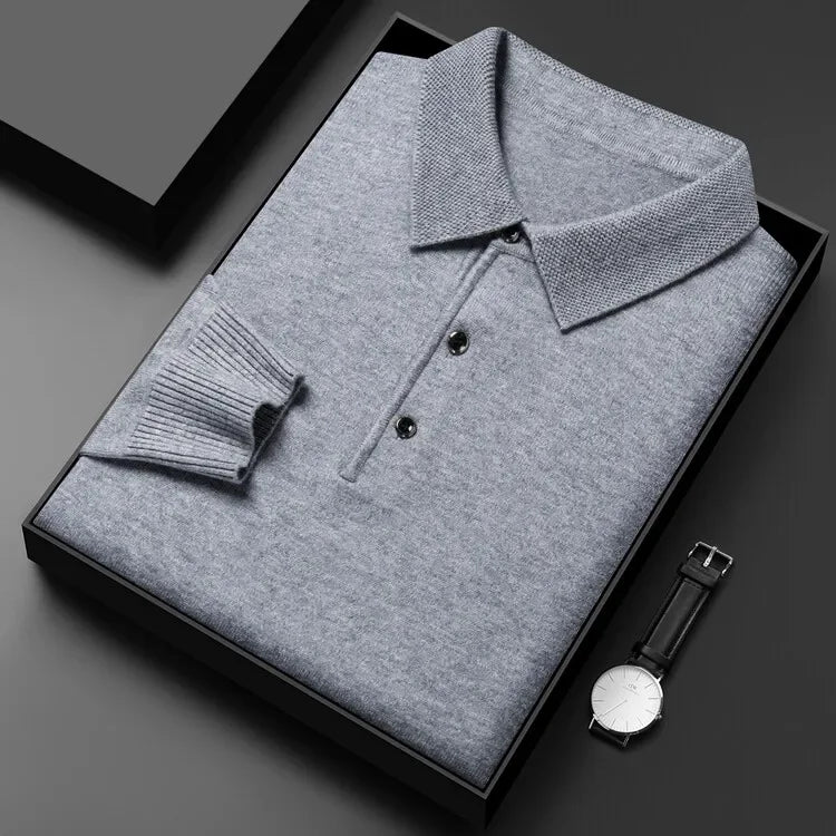 Autumn and Winter New Warm Soft Pullover Men's Business Lapel Knitwear Casual Solid Color Long Sleeve Polo Shirt Office