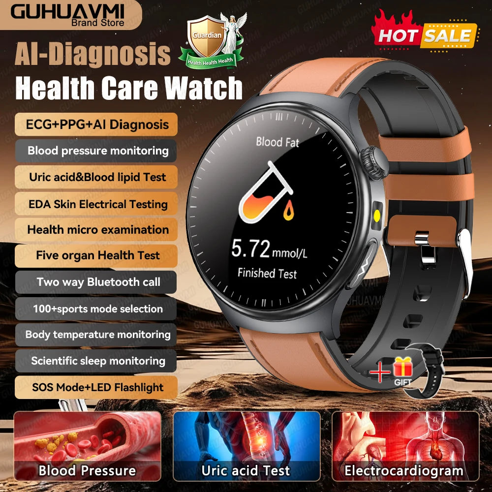 Newly Upgared Precise Health Diagnosis Smart Watch ECG Uric Acid Blood Pressure Micro Physical Examination Clock For Android iOS
