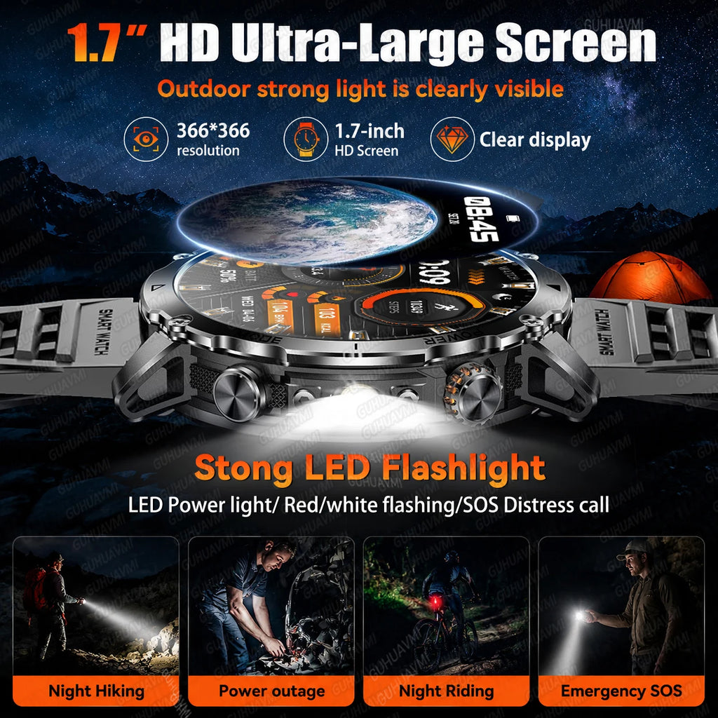2026 New Military 1400mAh Battery Smart Watch Men Outdoor Flashlight 10ATM Waterproof Heart Rate Bluetooth Call Sports Bracelets
