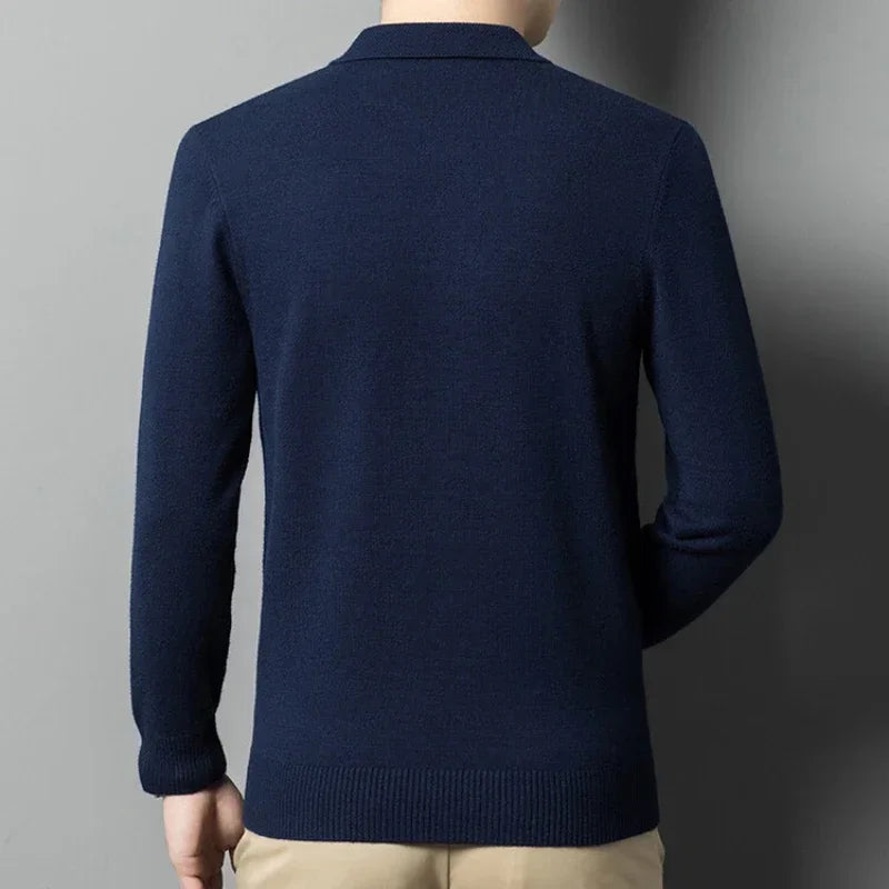 Autumn and Winter New Warm Soft Pullover Men's Business Lapel Knitwear Casual Solid Color Long Sleeve Polo Shirt Office