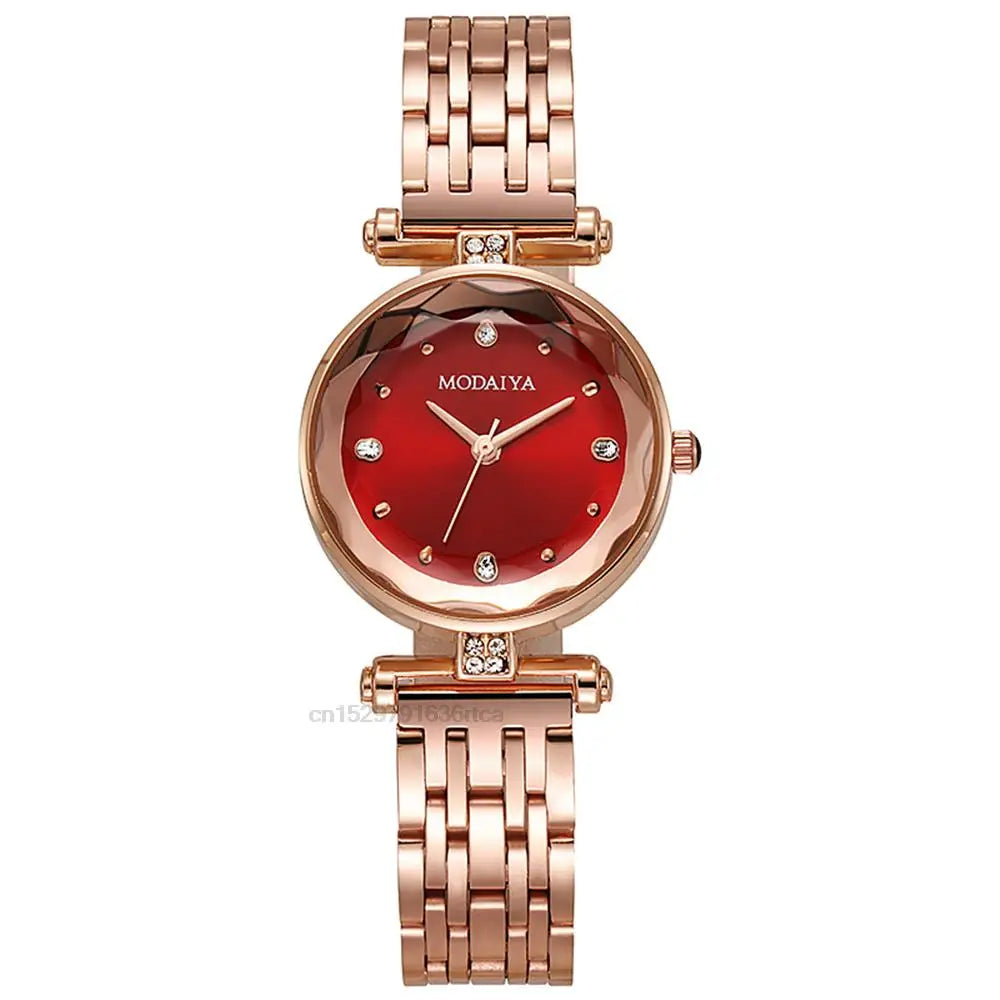 Luxury 2022 Branded Refined Ladies' Diamond-set Red Alloy Quartz Watch Fashion Women Plating Stainless Steel Strap Gift Clock