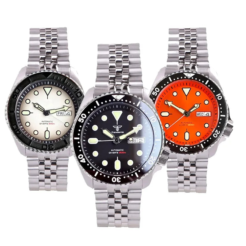 Diving Tandorio NH36 Week Date Steel Mechanical Watch Men 120clicks Bezel Chapter Ring 3.8 Crown 20ATM Waterproof SKX Mod Clock