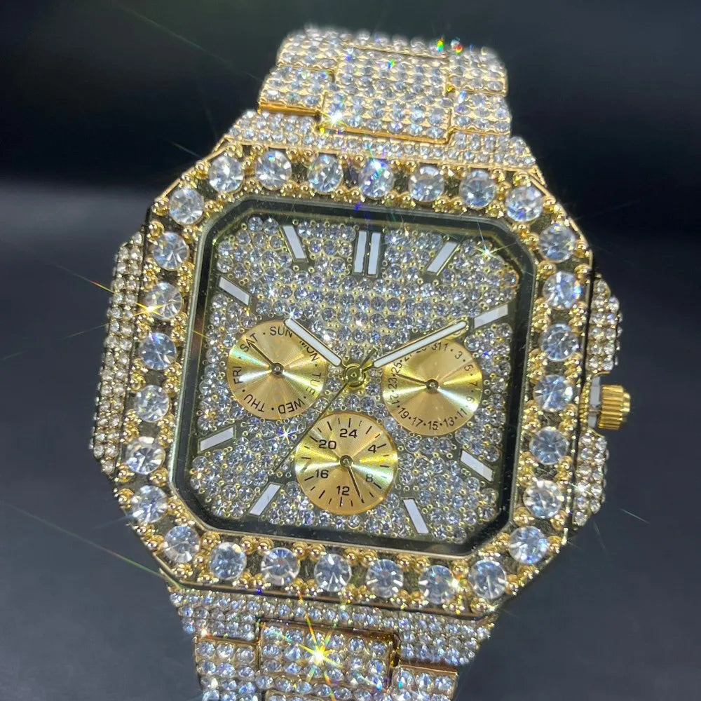 MISSFOX Luxury Diamond Watch for Men Hip Hop Style BlingBling Iced Out Wristwatch Fashion Gold Square Waterproof Clock 2025
