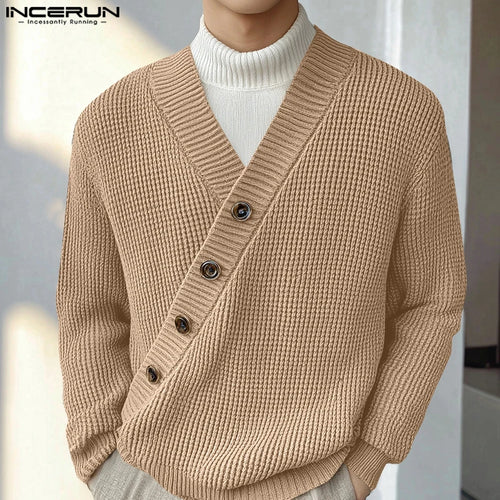 Autumn Stylish Men Tops INCERUN Hot Sale Texture Diagonal Sweater Casual Streetwear Solid V-neck Long Sleeved Sweater S-5XL 2024