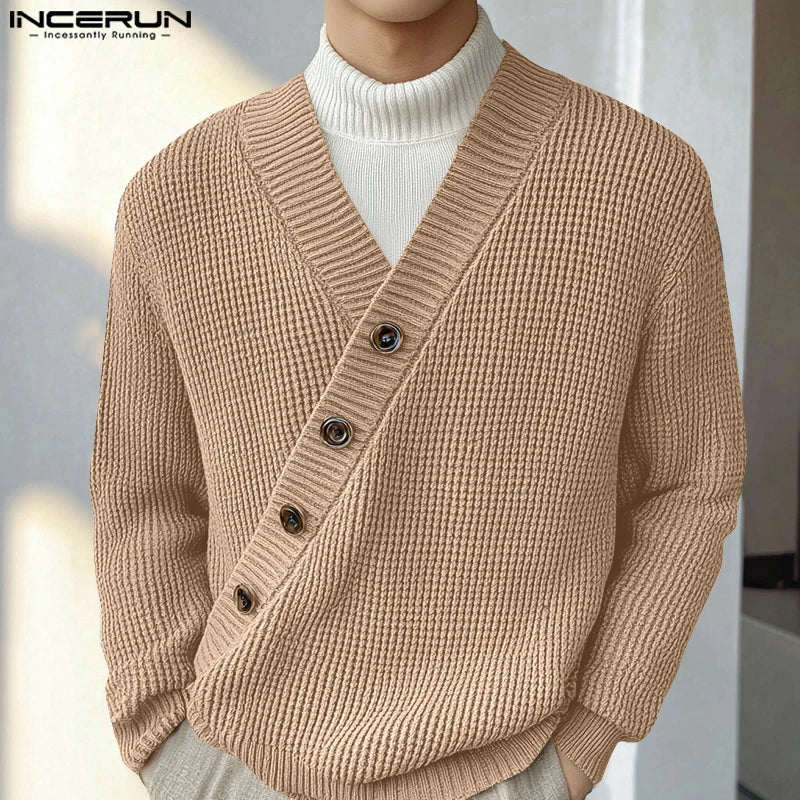 Autumn Stylish Men Tops INCERUN Hot Sale Texture Diagonal Sweater Casual Streetwear Solid V-neck Long Sleeved Sweater S-5XL 2024