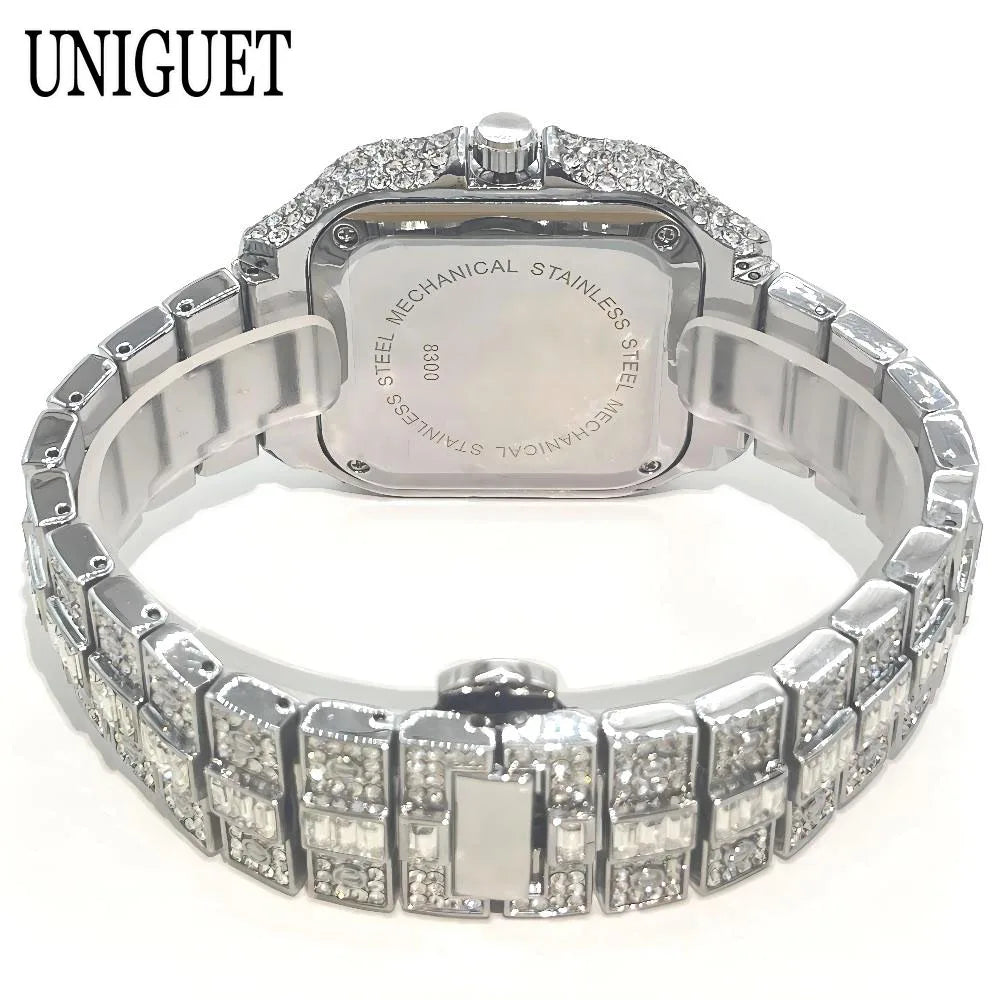 UNIGUET Fashion Watch For Men Luxury Rose Square Iced Out Quartz Watch Man Hip Hop Full Diamond Jewelry Wristwatch Reloj HombreU