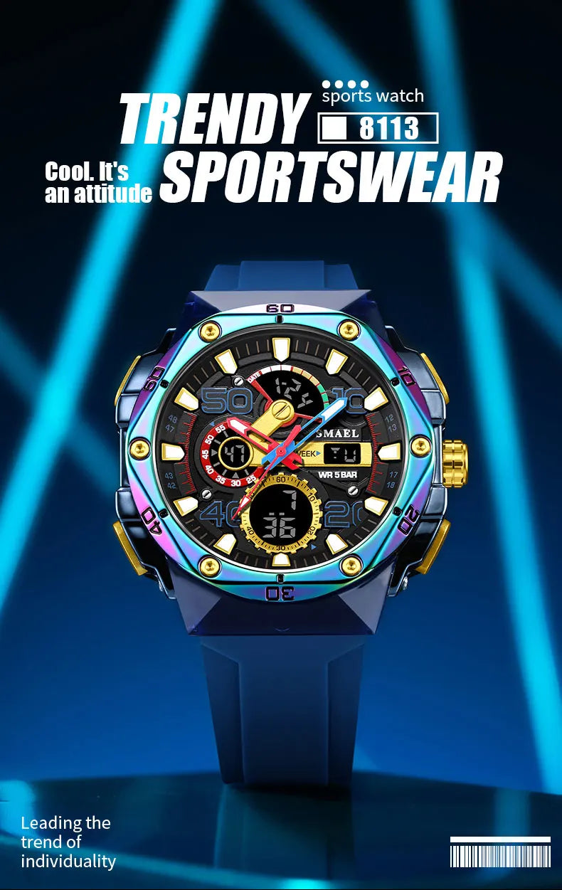 SMAEL Men's Sport Digital LED Watch Dual Time Stopwatch Alarm Clock 50M Waterproof 8113 Wristwatch Sports Army Military Watches