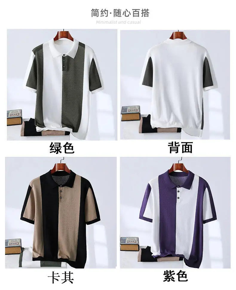 High-quality Color Blocked Striped Knitting Men's Polo Shirts Summer Thin Ice Silk Breathable Lapel T-shirt Business Casual Tees