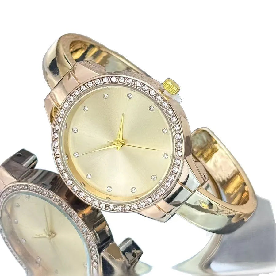 Fashionable Women's Watch Diamond-Set Round Classic Bangle Watch with Rhinestone Markers—Simple Elegant Luxe-Style Quartz Watch