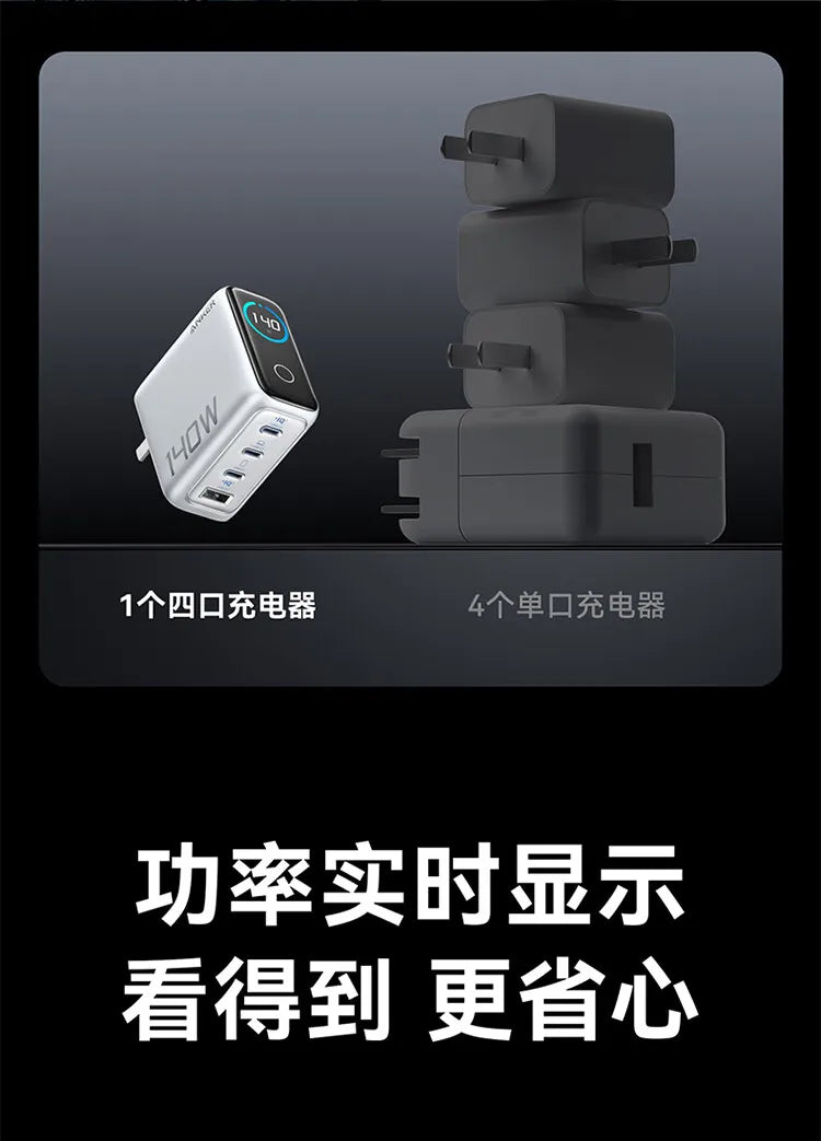 CN Version Anker Zolo 140W Charger GAN Display PD PPS for iPhone 12-16 series Laptop with 1.5m USB C to C Cable