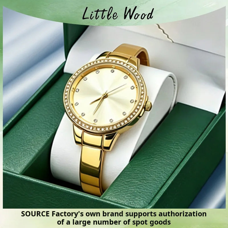 Fashionable Women's Watch Diamond-Set Round Classic Bangle Watch with Rhinestone Markers—Simple Elegant Luxe-Style Quartz Watch