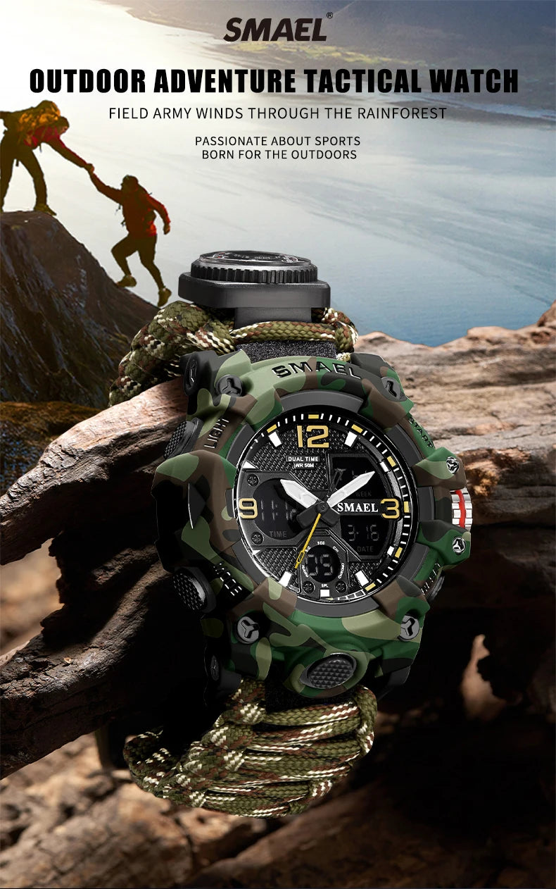 SMAEL 8008N Men's Military Sport Watch - 50M Waterproof LED Dual Time Alarm Stopwatch Compass SOS Shockproof