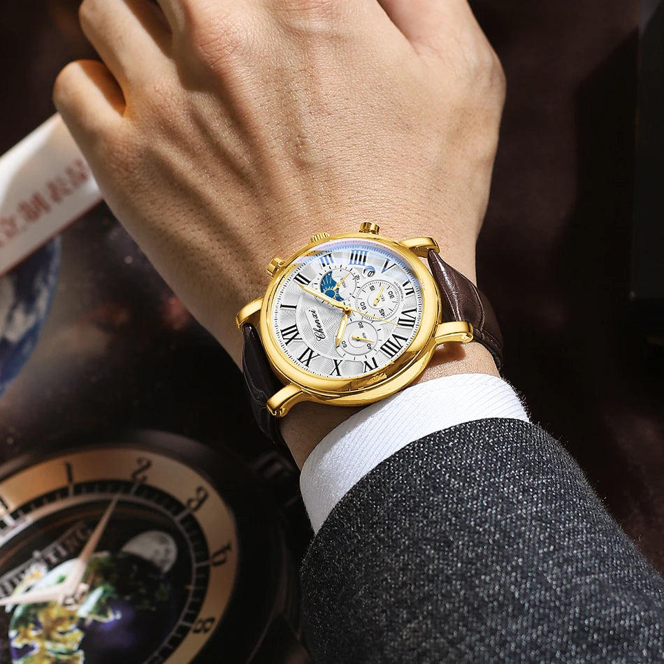 CHENXI Multifunction Men's Watches Business Roman Numerals Leather Strap Quartz Man Watch Chronograph Moon Phase Calendar