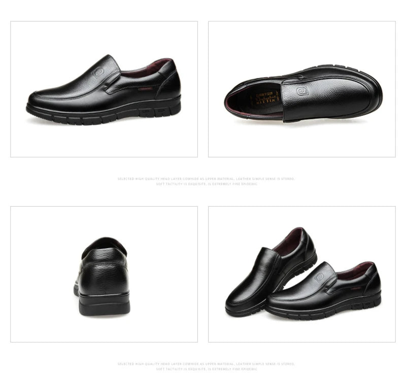 Mens Black Genuine Leather Slip On Loafers Soft Cushioned Sole Comfortable Business Casual Shoes For Middle Aged Dad Daily