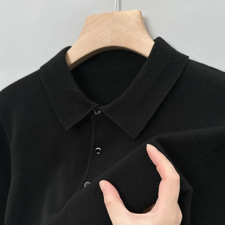 Autumn and Winter New Warm Soft Pullover Men's Business Lapel Knitwear Casual Solid Color Long Sleeve Polo Shirt Office