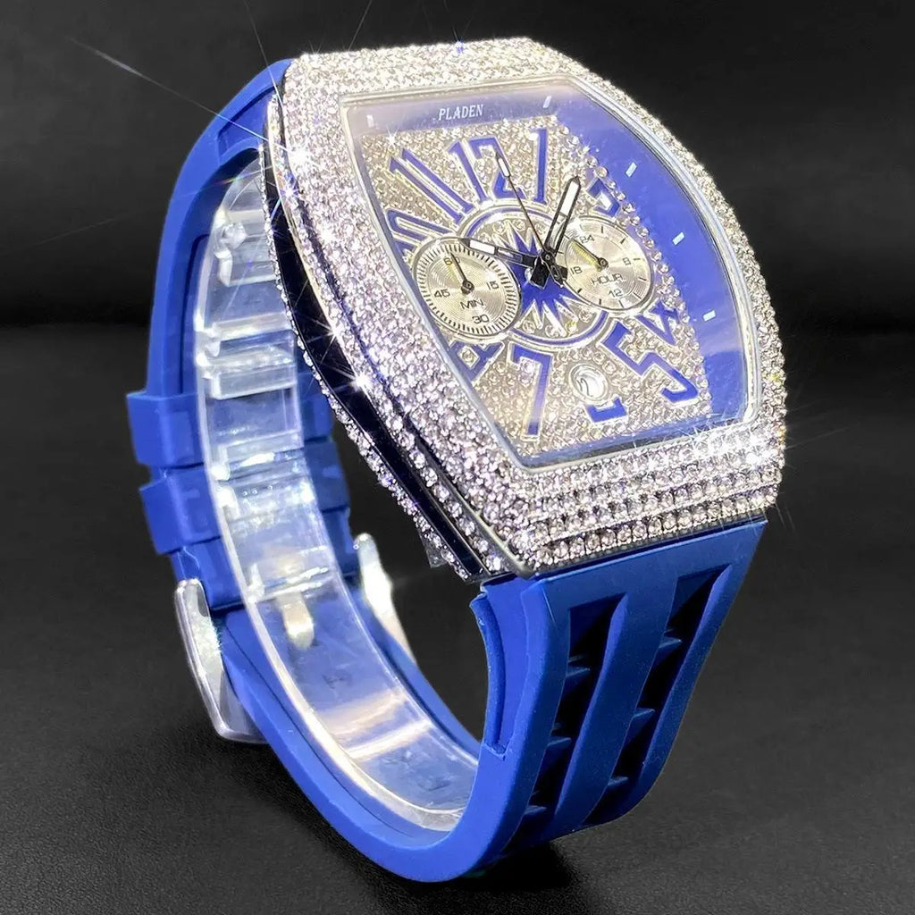 PLADEN Fashion Iced Out Watches Men Casual Blue Silicone Strap Quartz Wristwatch Man's Luxury Diamond Bling Tonneau Clocks 2026