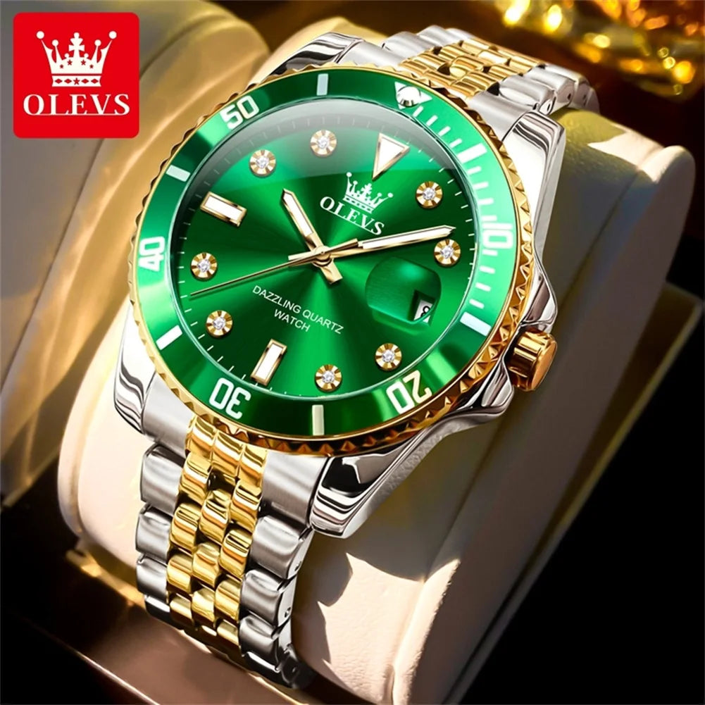 OLEVS 9809 Men Watch Original Waterproof Luminous Stainless Steel Quartz Watch For Men Top Brand Calendar Business Wristwatch