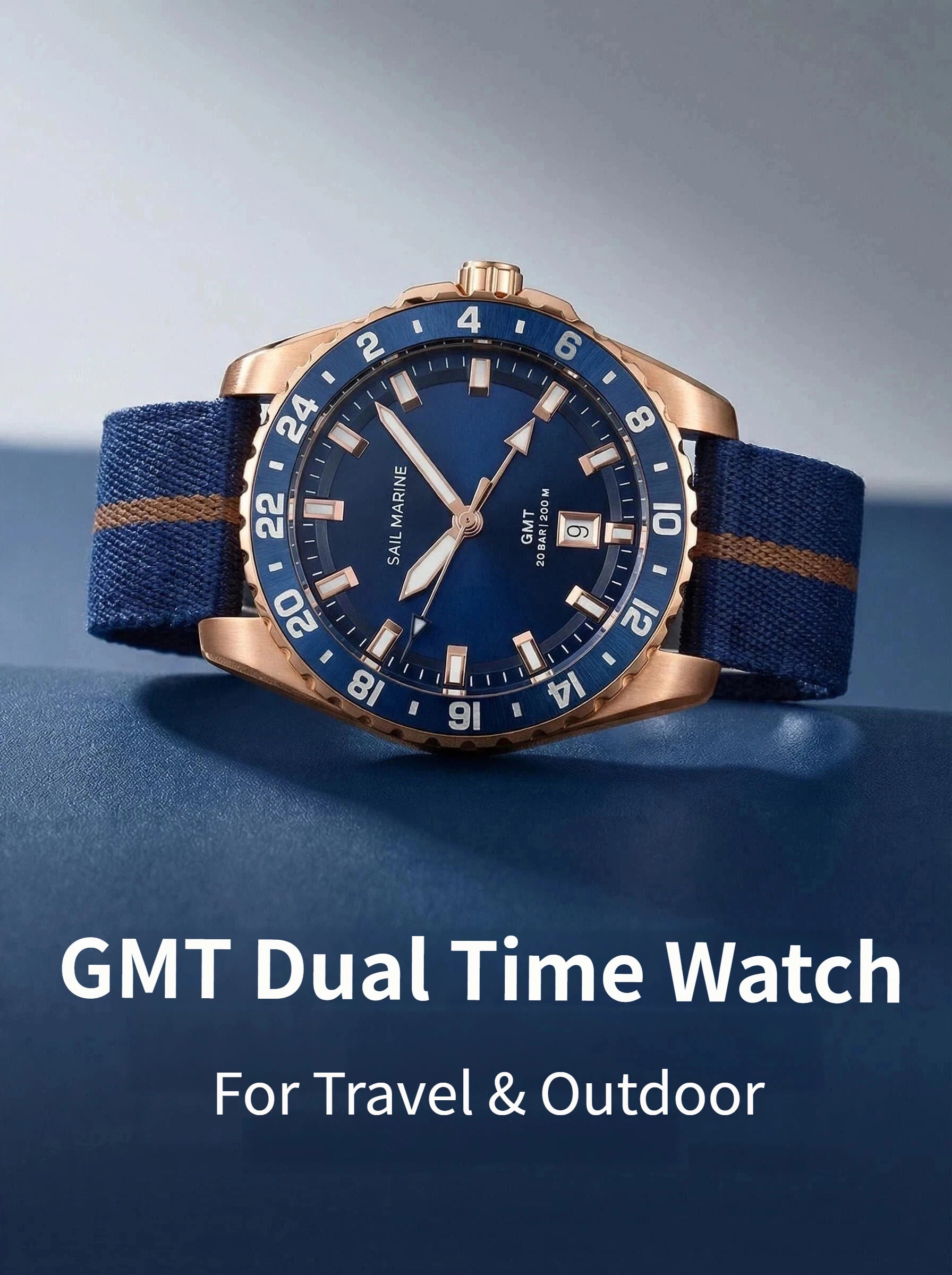 Top Quality Rose Gold Men's Luminous Casual Watch Fabric Strap GMT Quartz Wristwatch Stainless Steel Case 20 Bar Deep Waterproof
