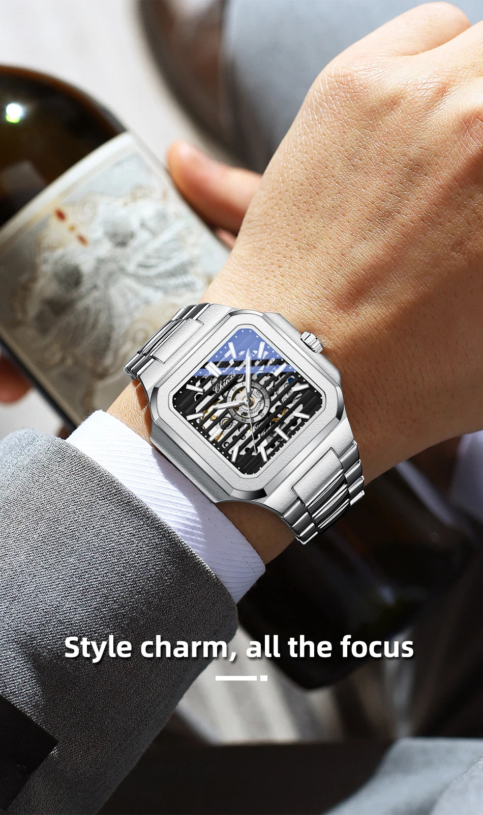 CHENXI Mechanical Men's Watch High-end Square Dial Men Watches Fully Automatic Hollow Wristwatches Male Gifts