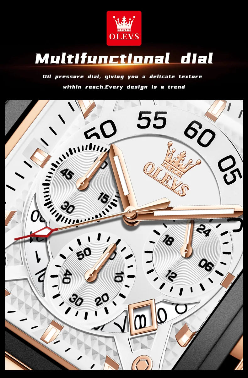 OLEVS Mens Watch Square Quartz Watch Multifunctional Business Watches For Man Waterproof Luminous Box Gift Leather Strap 9919