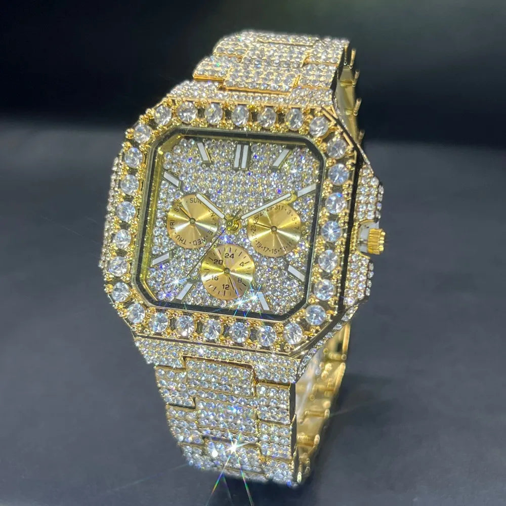 MISSFOX Luxury Diamond Watch for Men Hip Hop Style BlingBling Iced Out Wristwatch Fashion Gold Square Waterproof Clock 2025