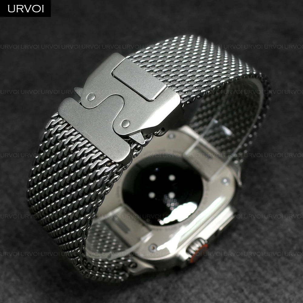 URVOI Band for Apple Watch Ultra 3 2 Series 11 10 9 8 SE stainless steel mesh strap for iWatch secure parachute buckle 46 49mm