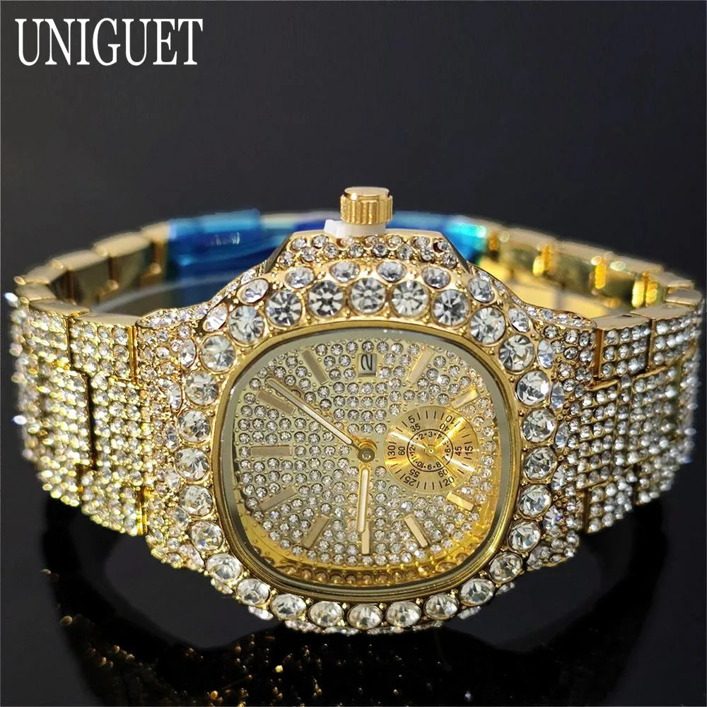 Hot Sell Luxury Iced Watch Mens Fashion Stainless Steel Gold Wristwatch Hip Hop Diamond Bling Jewelry Watch For Man Reloj Hombre
