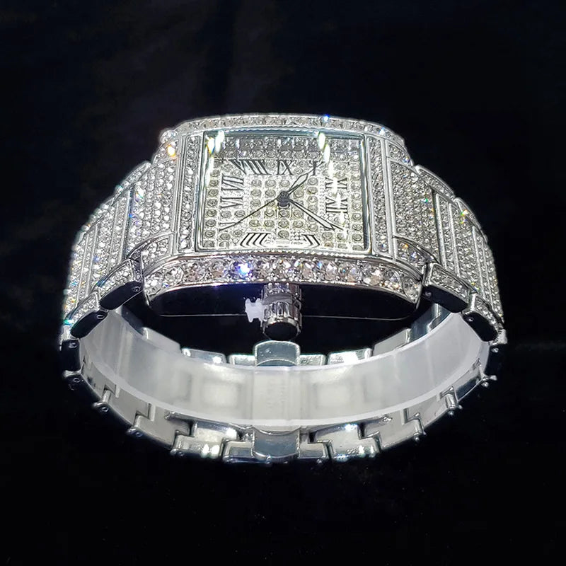 Luxury Brand Mens Silver Stainless Steel Quartz Watch Hip Hop Full Diamond Rectangle AAA Quality Fashion Wristwatch for Men 2025