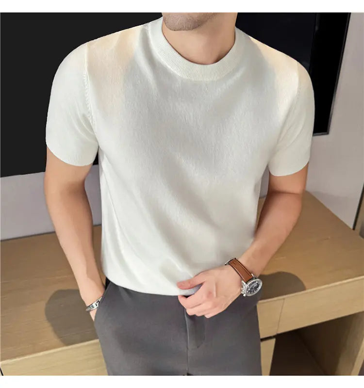 High-quality Men's Short-sleeve Knitted Sweater T-shirt O-Neck Solid Color Men Pullover T Shirts Slim Fit Stretch Undershirt Top