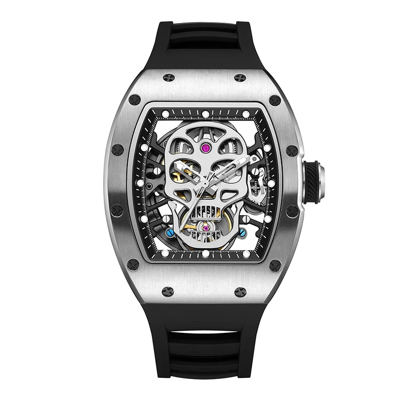 Unique Men Watch Tonneau Casual Wristwatch Soft Silicon Band Fashion Men's Wrist Watches Hollow Out Analog Automatic Watches
