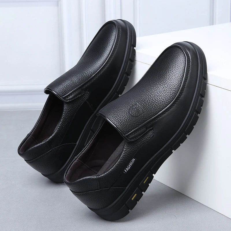 Mens Black Genuine Leather Slip On Loafers Soft Cushioned Sole Comfortable Business Casual Shoes For Middle Aged Dad Daily