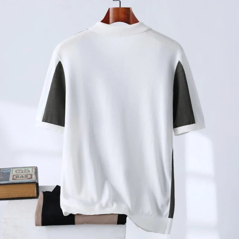 High-quality Color Blocked Striped Knitting Men's Polo Shirts Summer Thin Ice Silk Breathable Lapel T-shirt Business Casual Tees