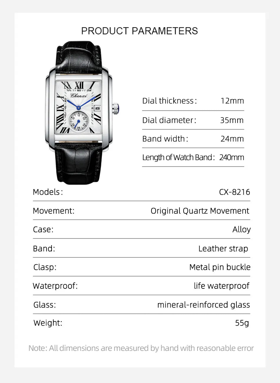 2025 New Business Men's Watch Fashion Square Roman Numeral Dial Waterproof Brown Leather Male Casual Fashion Date Quartz Watches