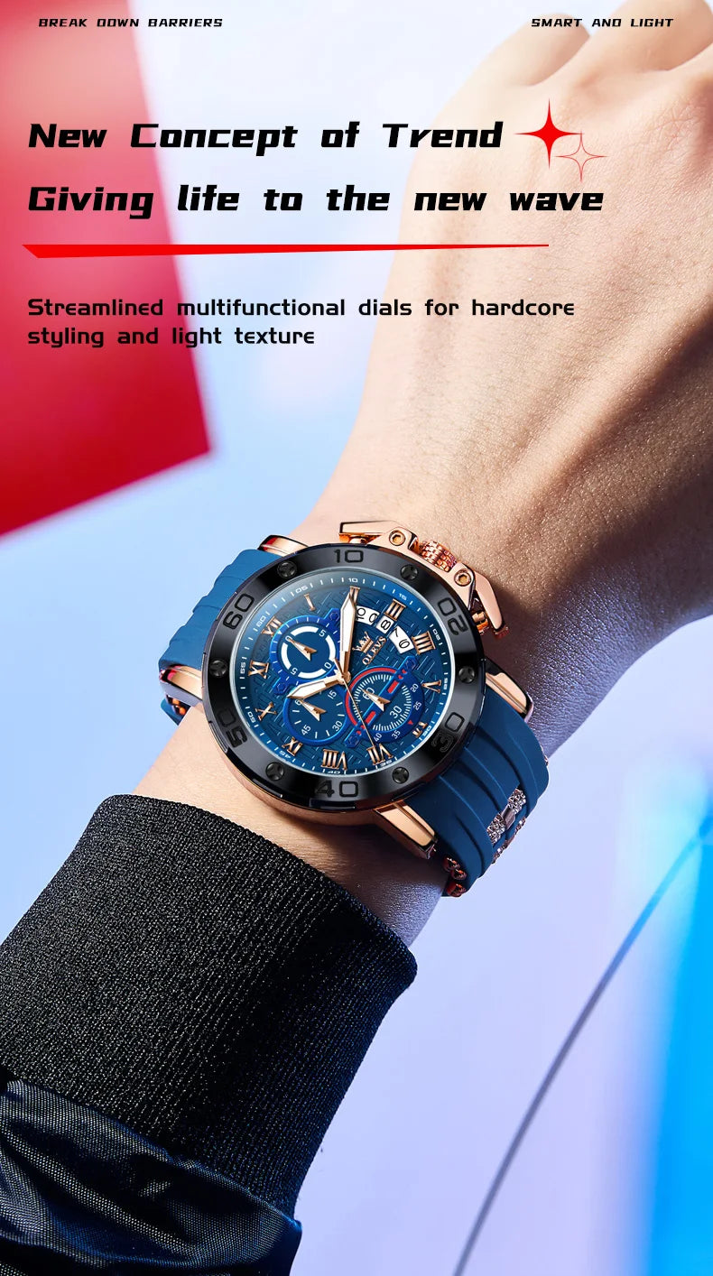 OLEVS 51mm Large Dial Quartz Watch for Men Silicone Strap Waterproof Luminous Auto Date Chrono Roman Numeral Scale Men's Watches