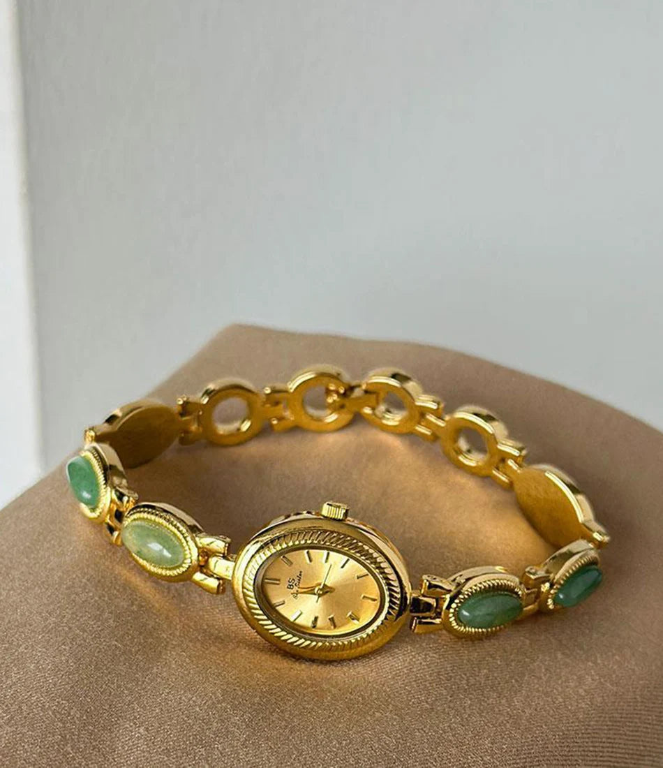 Women's Gold Watch Vintage Brown Jade Bracelet Small Dial Quartz Daily Wear Party Clock Luxury Waterproof Ladies Watches Gifts