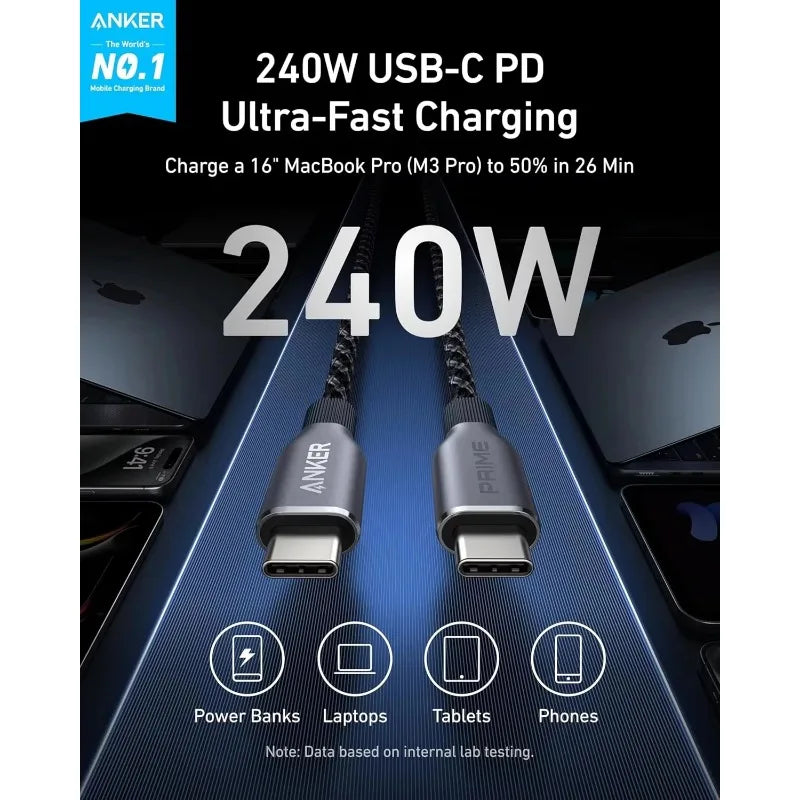 Anker Prime USB C To USB C Cable, 240W 6 Ft Fast Charging USB C Cable Upcycled-Braided Nylon with 100-Year Bend Durability