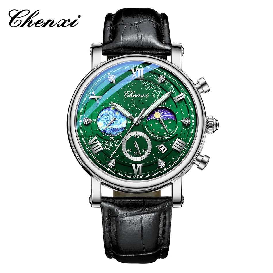 CHENXI Multi-functional Fashion Men's Watches Luminous Moon Phase Chronograph Men Wristwatches Calendar Quartz Watch For Man