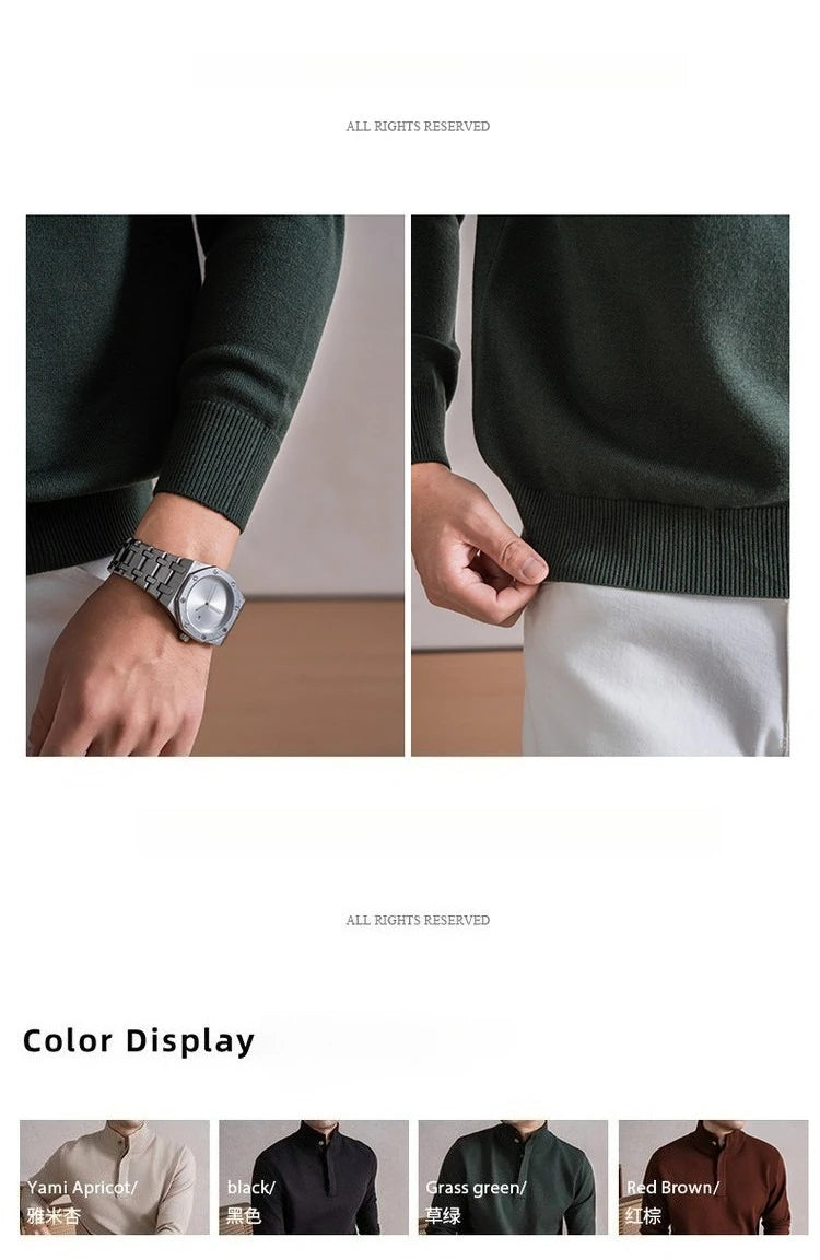 Old Money Style Men's Semi-High Neck Henley Sweater 4.6% Wool Blend Anti-Pilling Knit  Korean Casual Daily Wear
