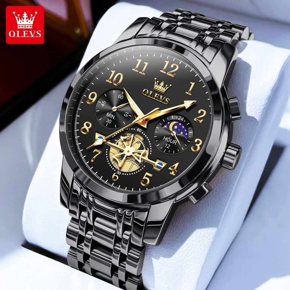 OLEVS 2900 Mens Watch Original Stainless Steel Watches For Men Calendar Moon Phase Quartz Watch Chronograph Freebie Reloj