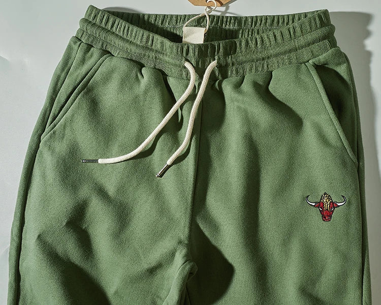 Autumn Winter American Retro Knitted Velvet Embroidery Sweatpants Men's Fashion Pure Cotton Loose Drawstring Sport Casual Pants