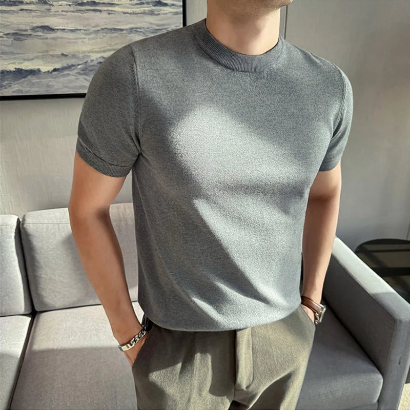 High-quality Men's Short-sleeve Knitted Sweater T-shirt O-Neck Solid Color Men Pullover T Shirts Slim Fit Stretch Undershirt Top