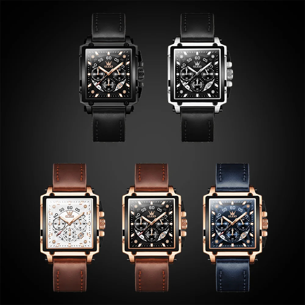 OLEVS Mens Watch Square Quartz Watch Multifunctional Business Watches For Man Waterproof Luminous Box Gift Leather Strap 9919