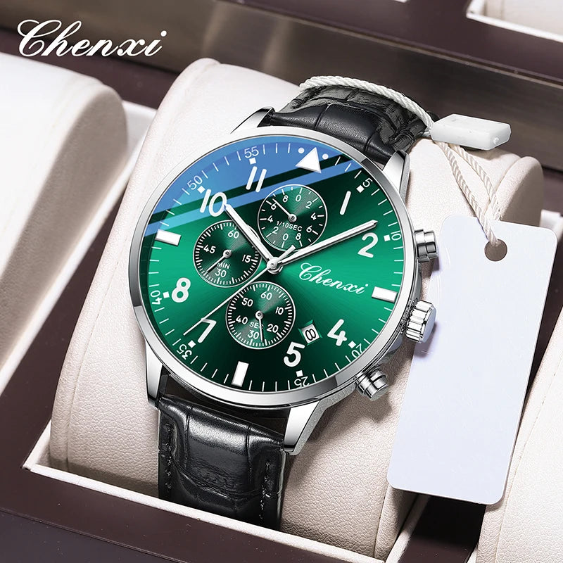 2025 New CHENXI Man Watch 43mm Classic Sports Chronograph Waterproof Luminous Quartz Men's Watches Leather Strap