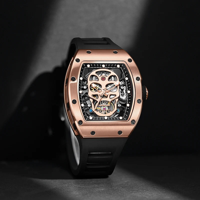 Unique Men Watch Tonneau Casual Wristwatch Soft Silicon Band Fashion Men's Wrist Watches Hollow Out Analog Automatic Watches