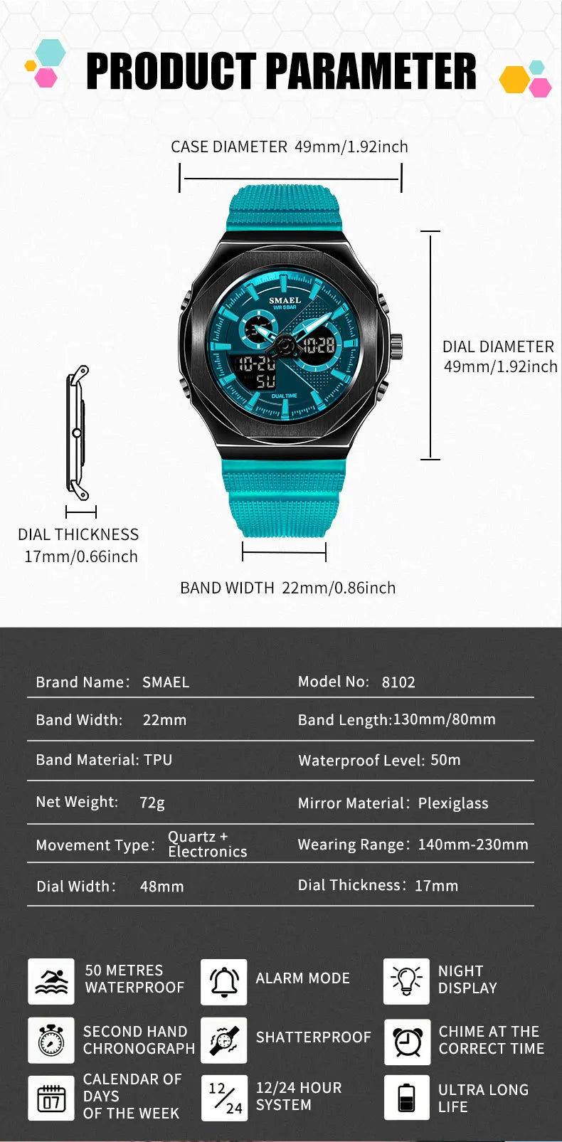 SMAEL Sport  Watches Women  50M Waterproof Lady Watches Pink Lover Gifts 8102 Dual Time Diaplay Watches Digital LED Back Light
