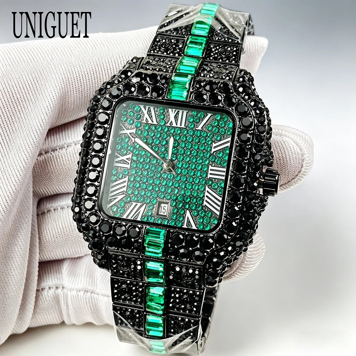 UNIGUET Cool Black Diamond Watch For Men Fashion Hip Hop Green Iced Out Square Quartz Wristwatch With Date Reloj Hombre