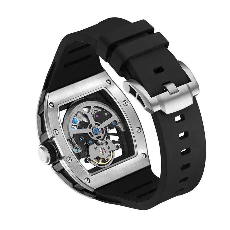 Unique Men Watch Tonneau Casual Wristwatch Soft Silicon Band Fashion Men's Wrist Watches Hollow Out Analog Automatic Watches
