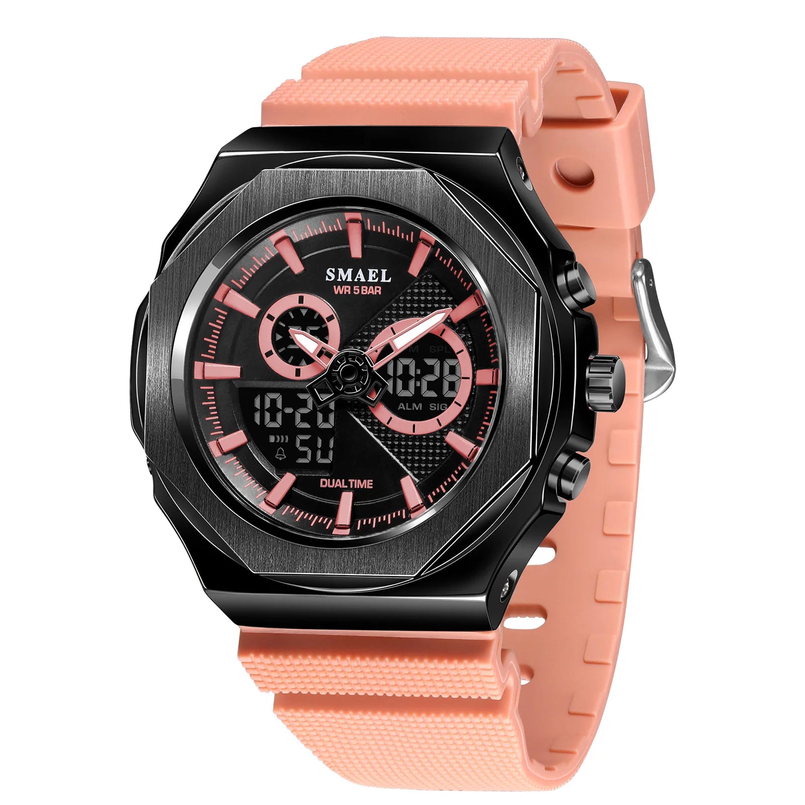SMAEL Sport  Watches Women  50M Waterproof Lady Watches Pink Lover Gifts 8102 Dual Time Diaplay Watches Digital LED Back Light